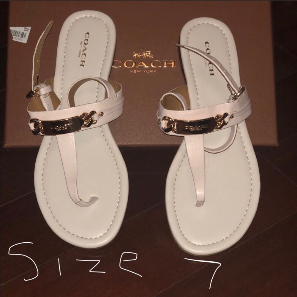 Coach white leather thong sandal gold logo size 7